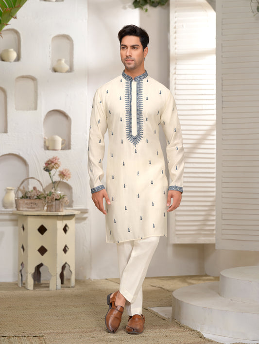 Ivory Silk Kurta Set with Soft Grey Mirror Embroidery