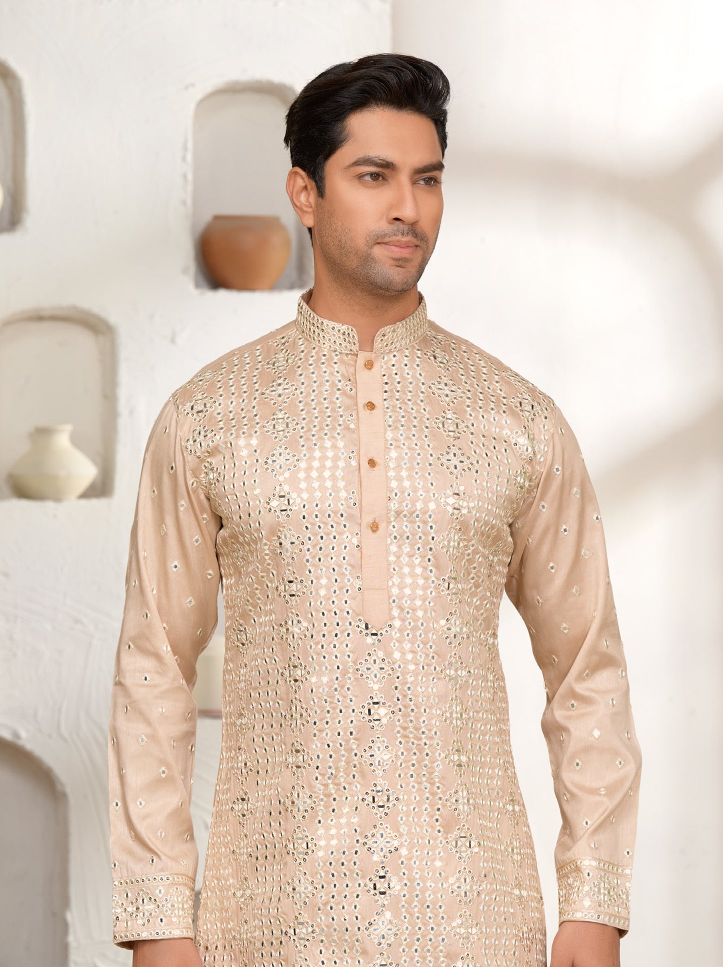 Rose Gold Silk Kurta Set with Mirror Work