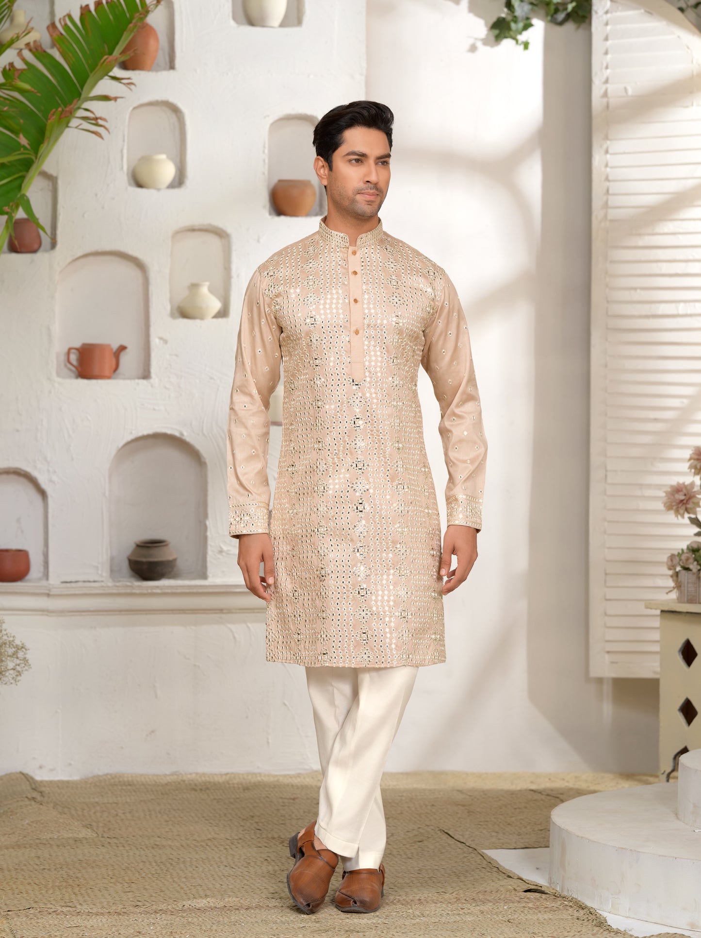 Rose Gold Silk Kurta Set with Mirror Work