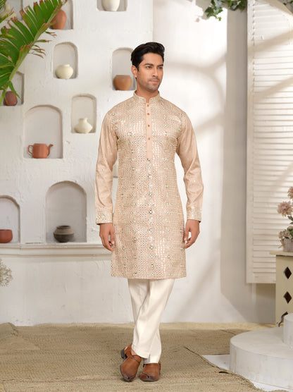 Rose Gold Silk Kurta Set with Mirror Work