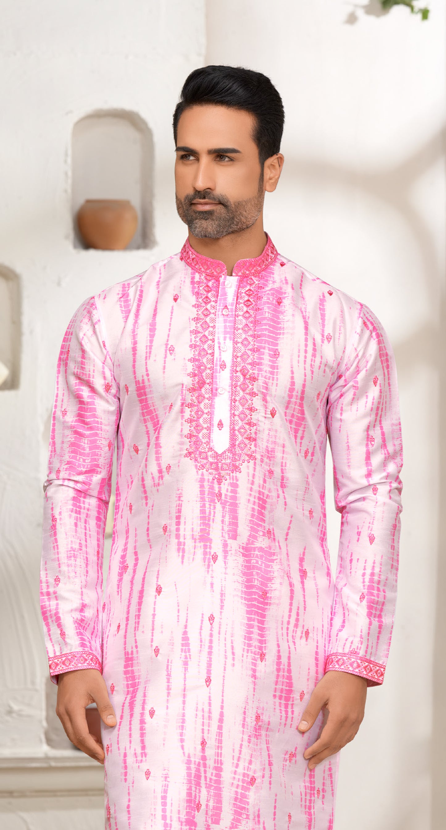 Pale Magenta Pink Silk Kurta Set with Soft Mirror Embroidery