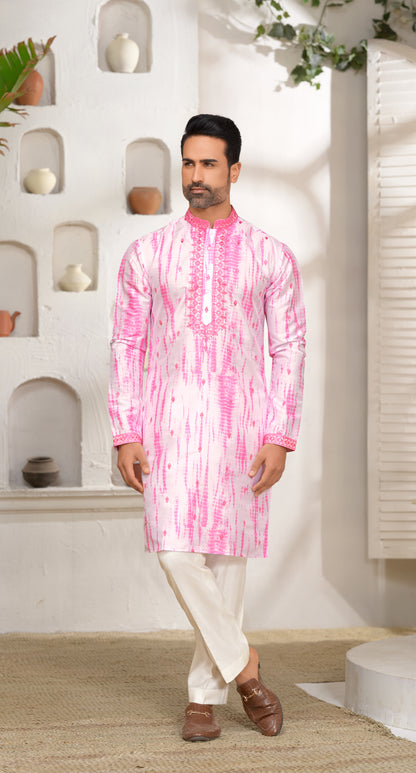 Pale Magenta Pink Silk Kurta Set with Soft Mirror Embroidery