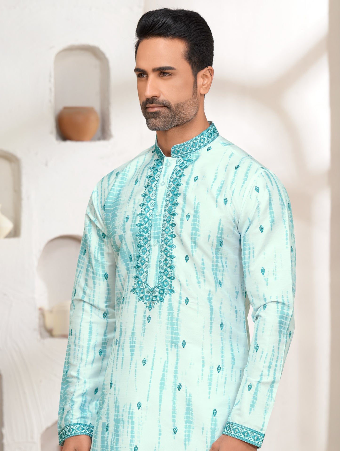 Aqua Blue Tie-Dye Embroidered Kurta