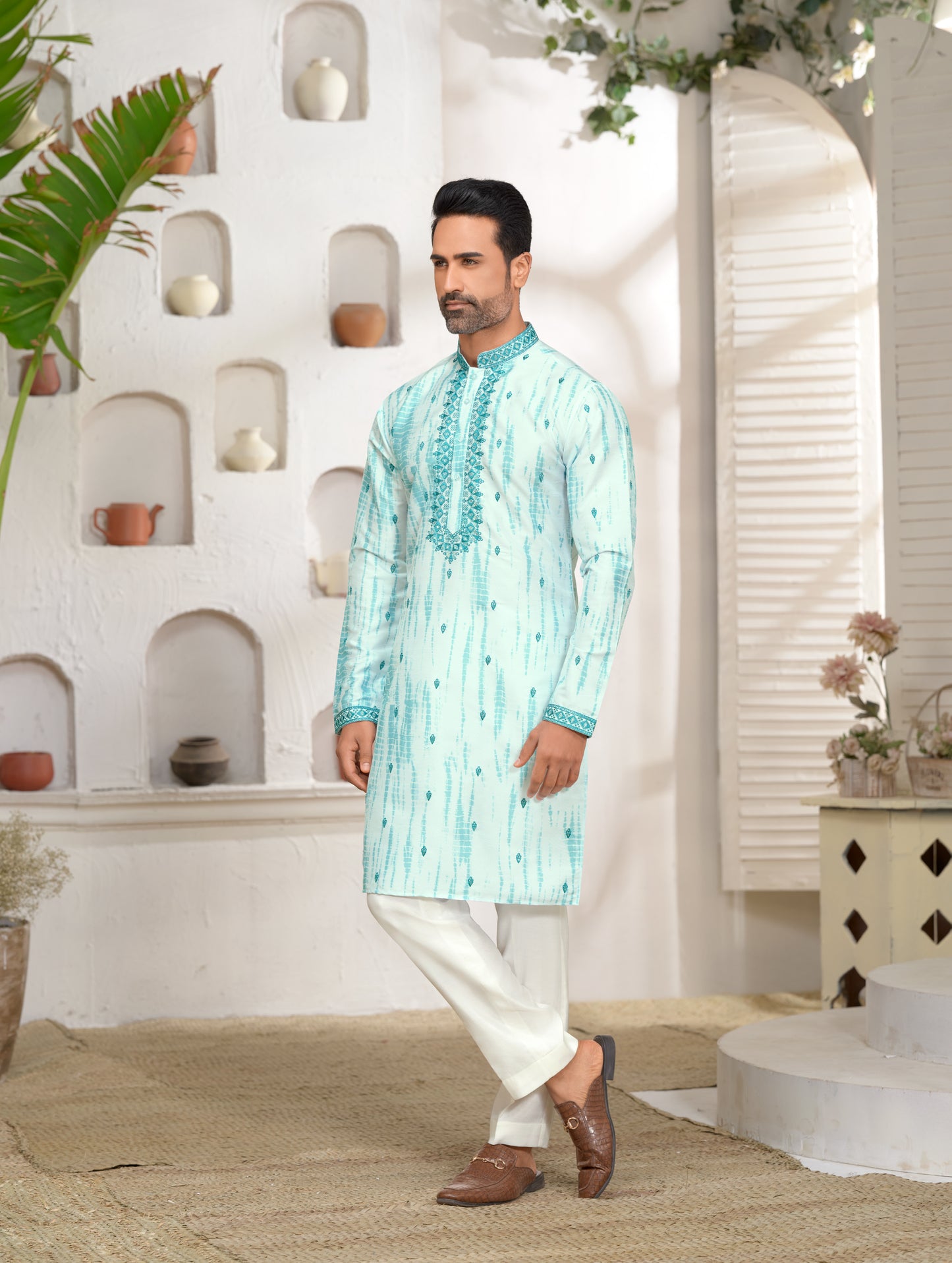 Aqua Blue Tie-Dye Embroidered Kurta