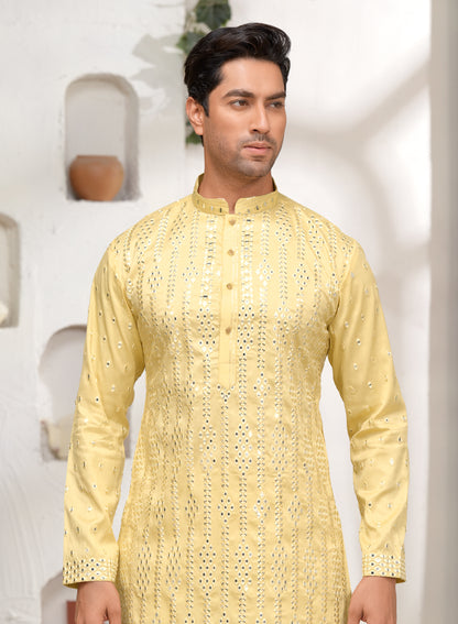 Men's Yellow Mirror Work Kurta