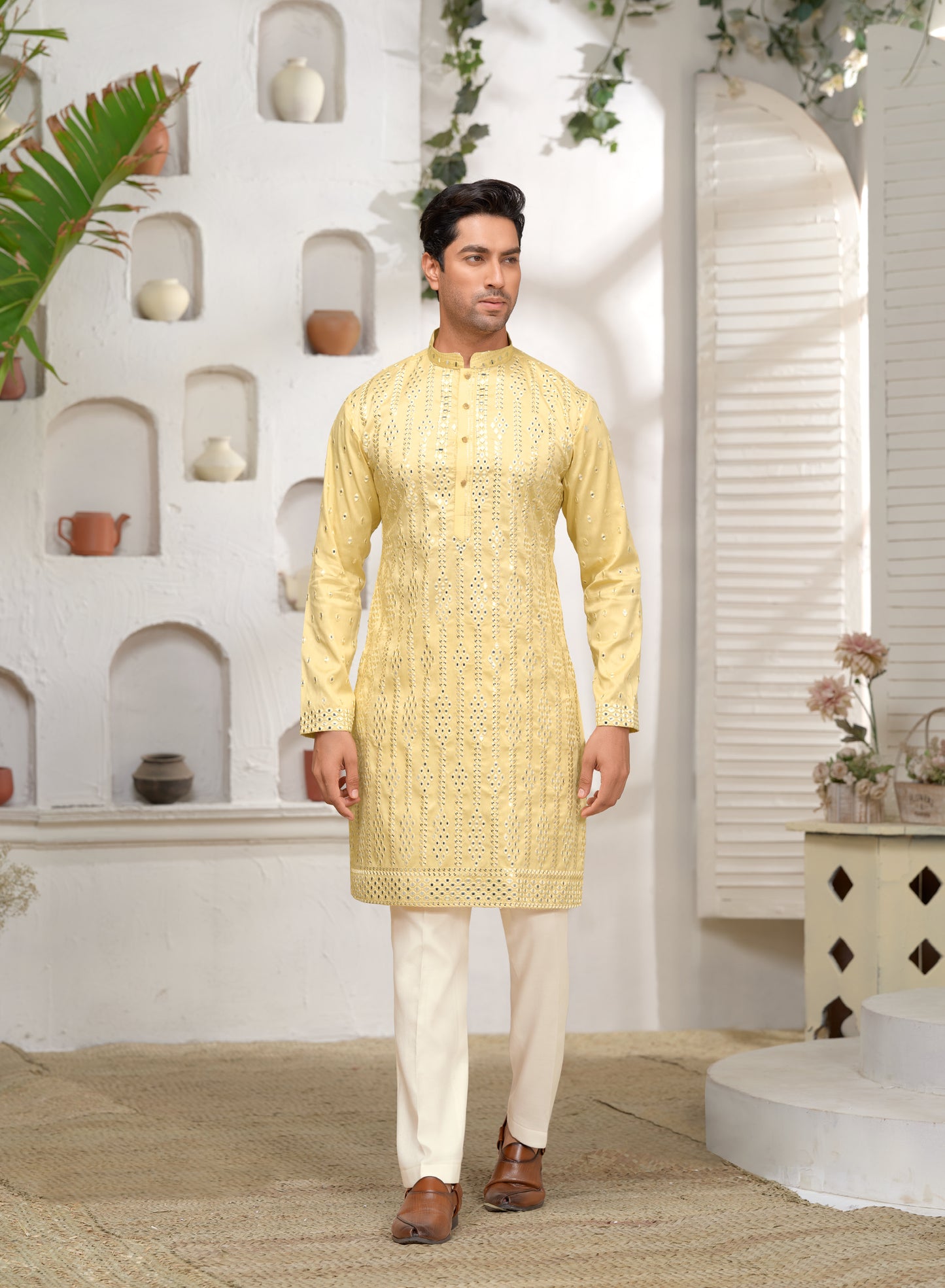 Men's Yellow Mirror Work Kurta