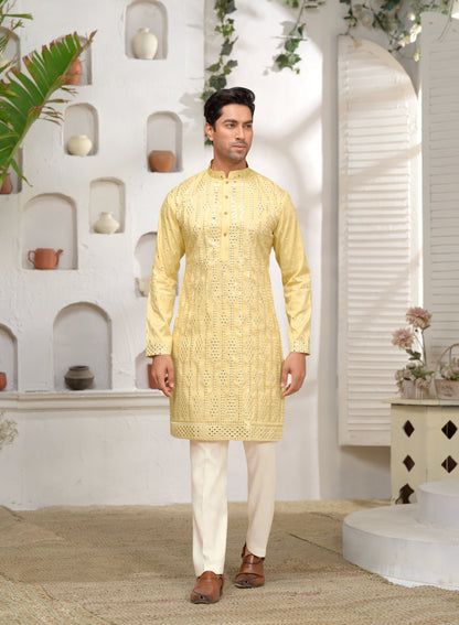 Men's Yellow Mirror Work Kurta