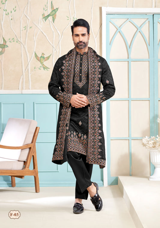 Men's Black Embroidered Kurta with Shawl