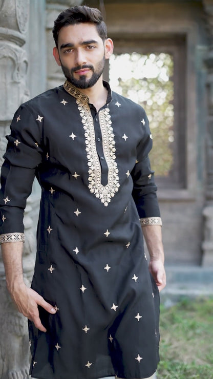 Black Silk Kurta with Gold Embroidered Detailing
