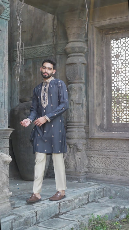 Dark Grey Silk Kurta with Intricate Embroidered Detailing