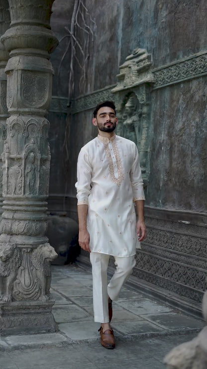 Cream Silk Kurta with Luxurious Gold Embroidered Work