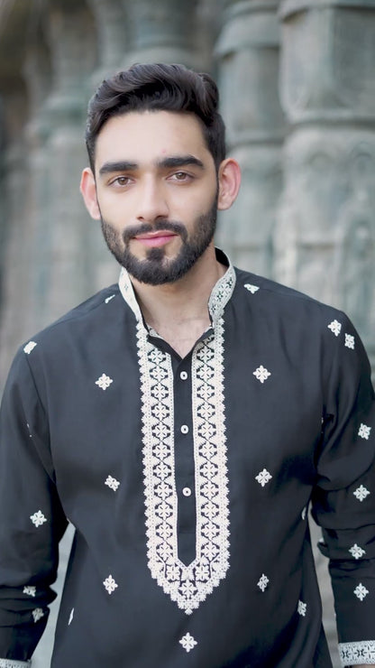 Elegant Black Silk Kurta with White Embroidery