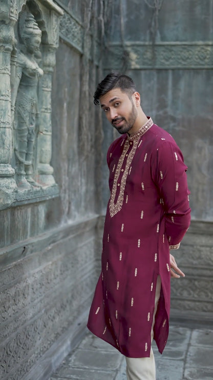 Maroon Silk Kurta with Exquisite Embroidered Detailing