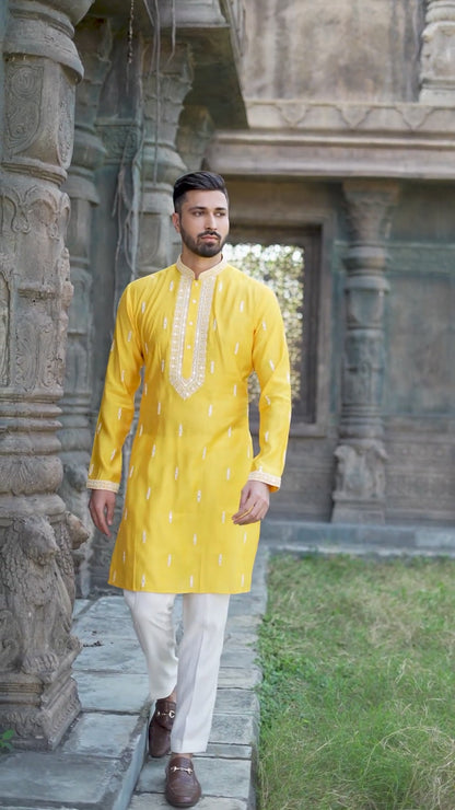 Sunshine Yellow Silk Kurta with Exquisite Embroidered Work