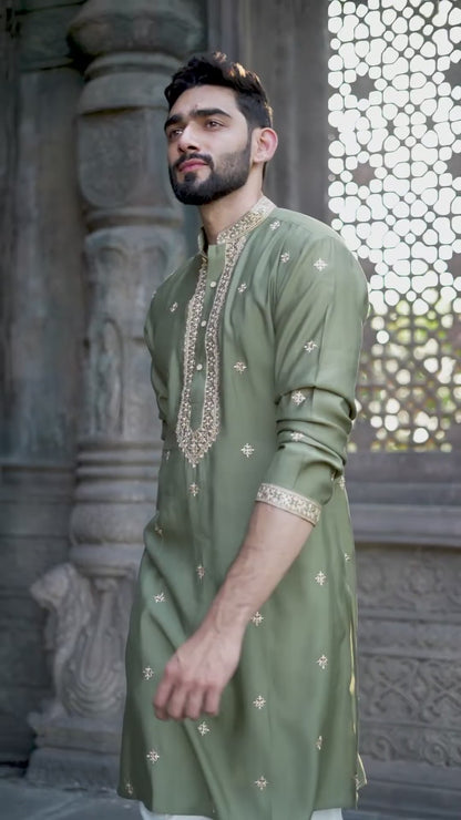 Elegant Dark Pista Green Silk Kurta with Golden Embroidery