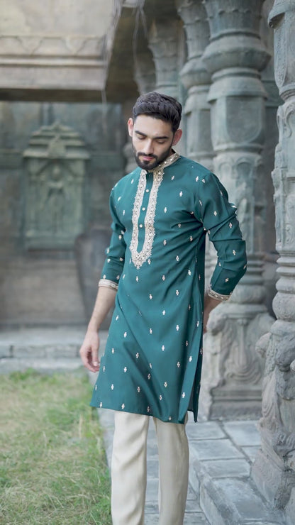 Luxurious Dark Green Silk Kurta with Golden Embroidery