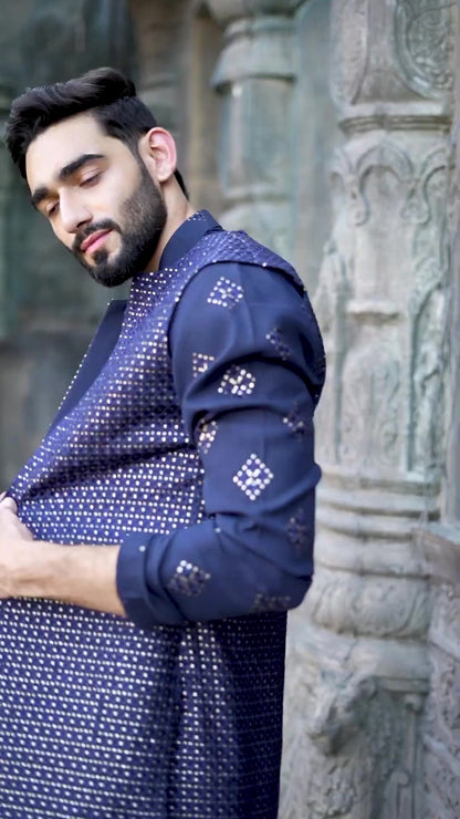 Luxurious Dark Blue Silk Koti Kurta Set with Golden Embroidery