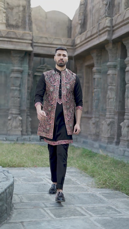 Classic Black Silk Koti Kurta Set with Exquisite Multi-Color Embroidery