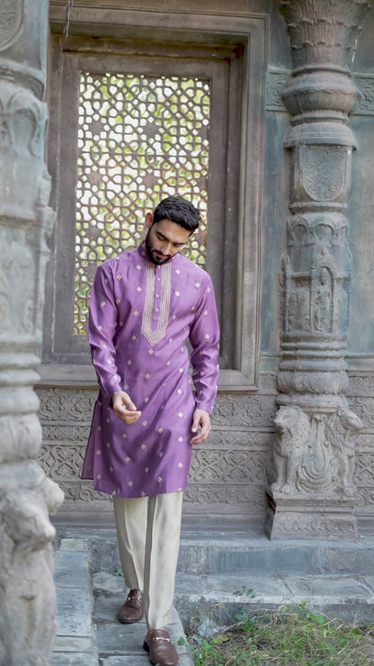 Mauve Silk Kurta with Elegant Embroidered Accents