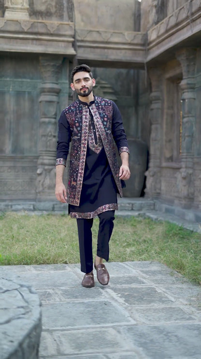 Sophisticated Navy Blue Silk Koti Kurta Set with Exquisite Embroidery