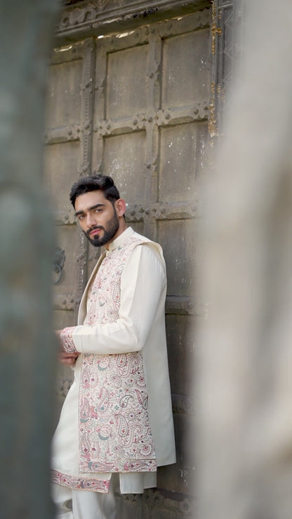 Elegant Cream Silk Koti Kurta Set with Multi-Color Embroidery