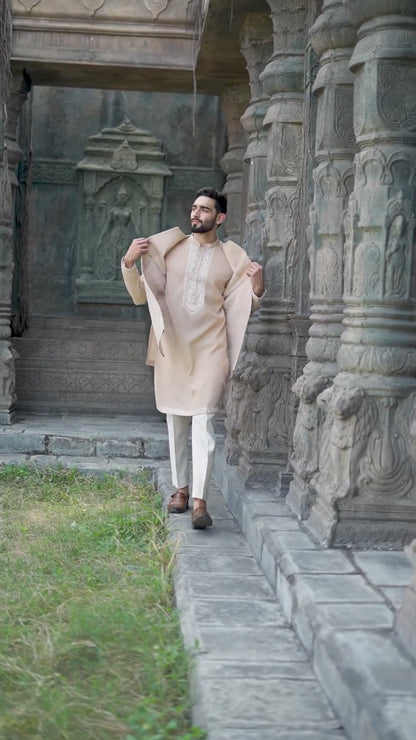 Elegant Cream Silk Koti Kurta Set with Exquisite Embroidery