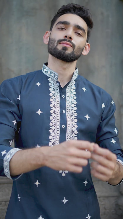 Navy Blue Silk Kurta with White Embroidery