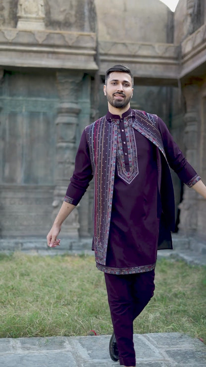 Royal Purple Silk Koti Kurta Set with Exquisite Embroidery